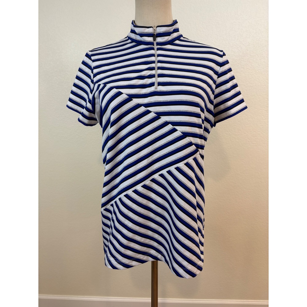 Chico's Zenergy Golf Top Womens SZ 2 Blue Striped Quarter Zip Polo Preppy Sporty